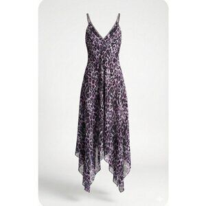 Ramy Brook Purple Leopard Print V-Neck Handkerchief Hem Maxi Dress